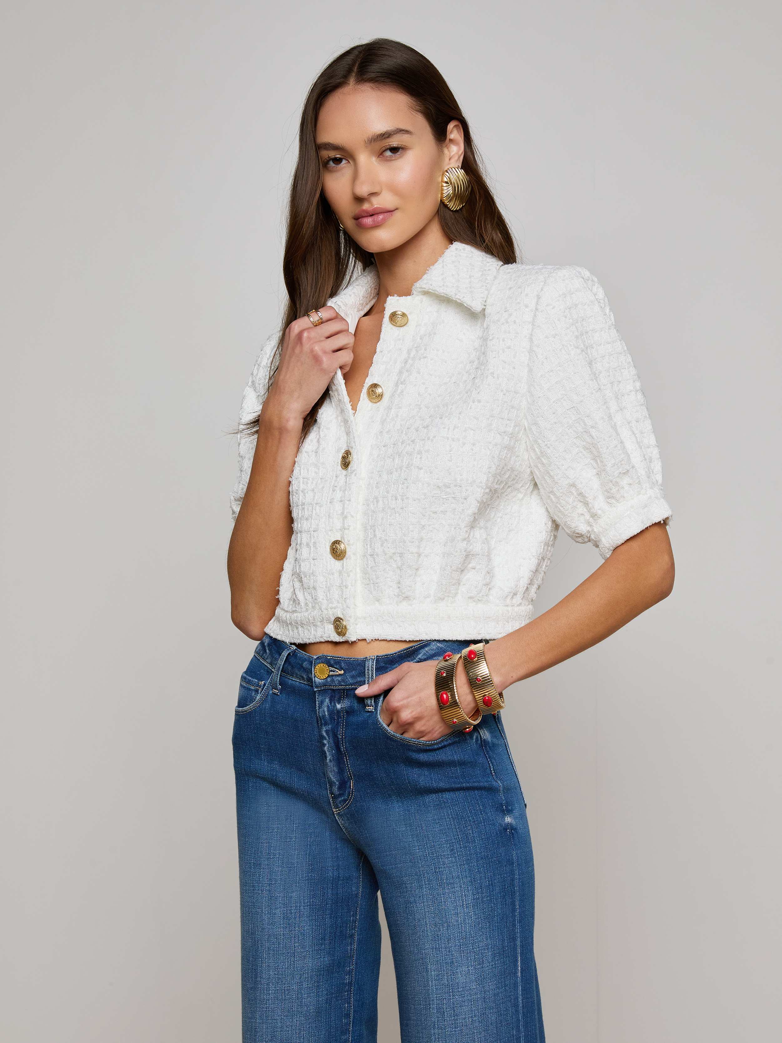 Cove Cropped Tweed Jacket in White | L'AGENCE