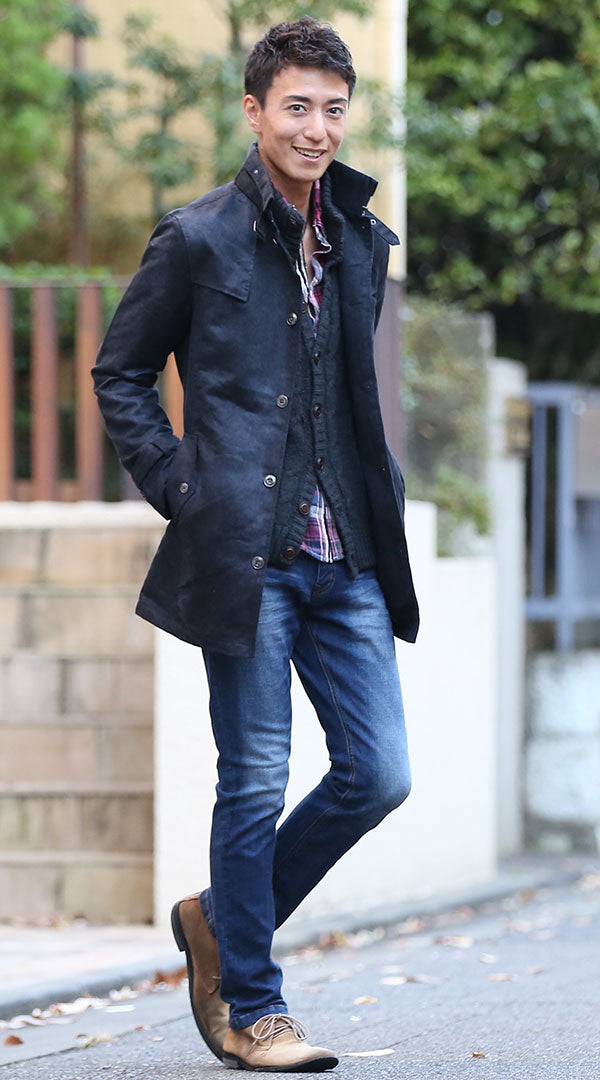 コート スタンドニット チェックシャツ デニムパンツ snp_ao0971の