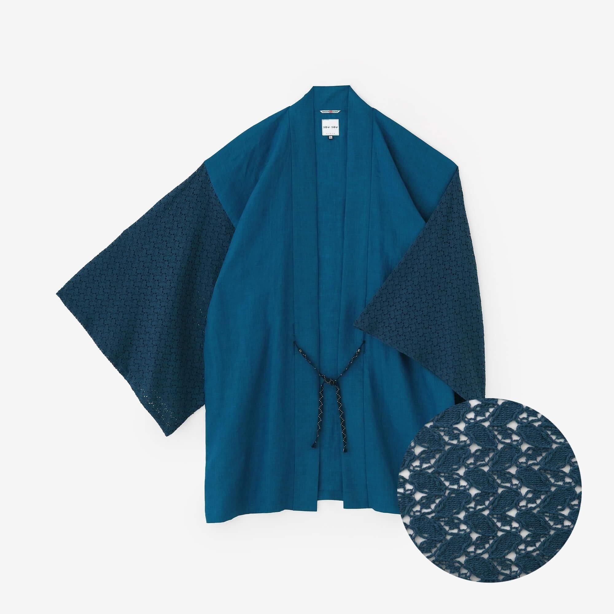 麻×透かし刺繍 角袖袢纏（かくそではんてん） 単（ひとえ）／薄縹（うす