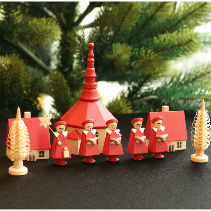赤い聖歌隊と教会 クリスマスオーナメント ドイツ 木製 ザイフェン