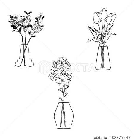 手描き線画の花瓶に入った花のイラスト・インテリア・アイコンセット