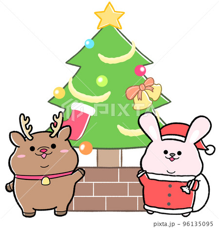 ゆるかわうさぎサンタとクリスマスツリー1のイラスト素材 [96135095