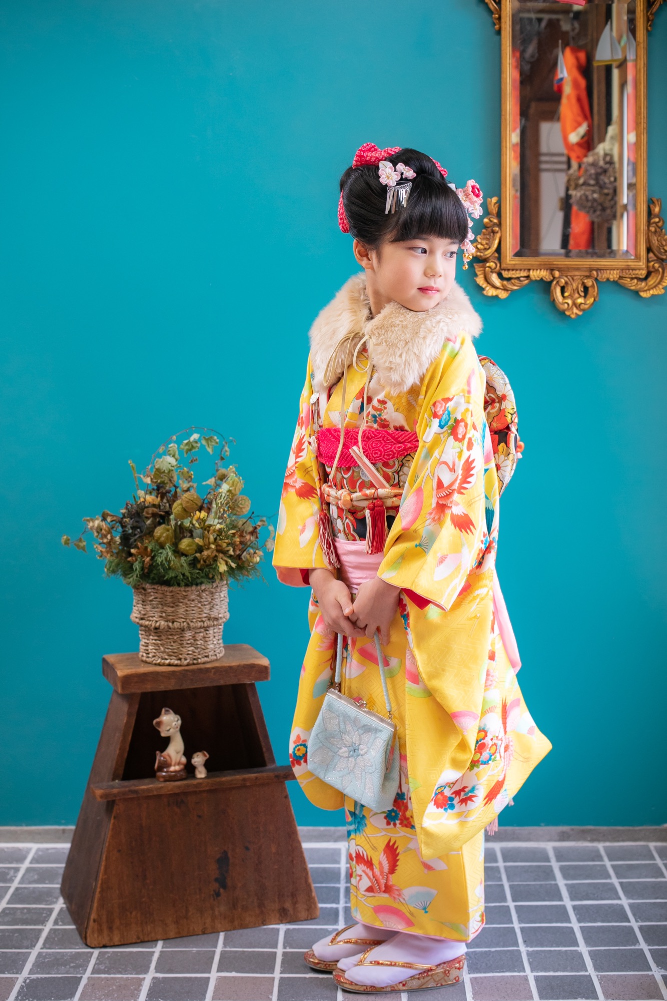 7歳女の子】七五三 黄色地友禅着物スタイリング – 京都着物 宮川