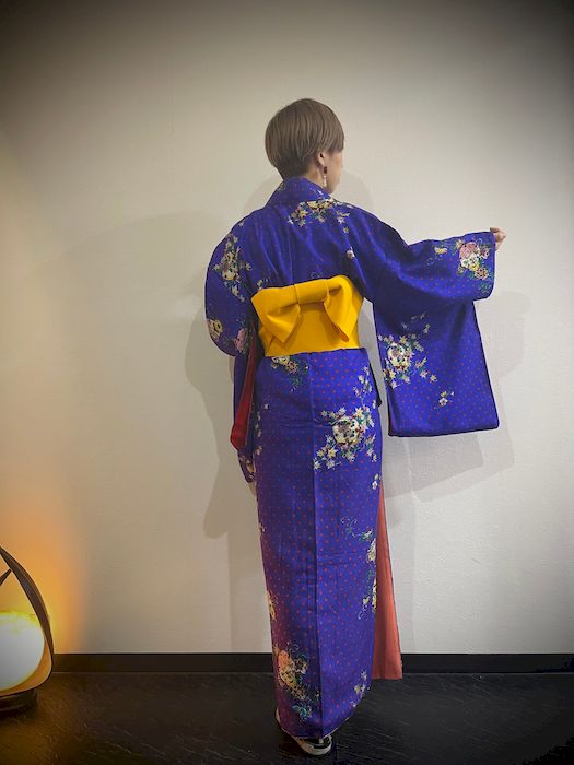 楓、菊模様 青紫色 アンティーク着物 – tokito-online│中古