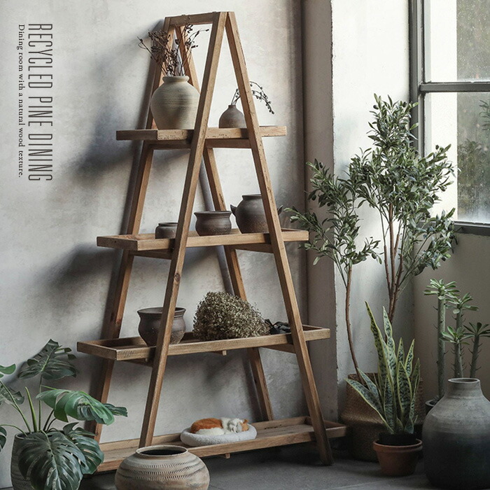 楽天市場】シェルフ 4段 ディスプレイラック 無垢 古木 古材 木製 脚立