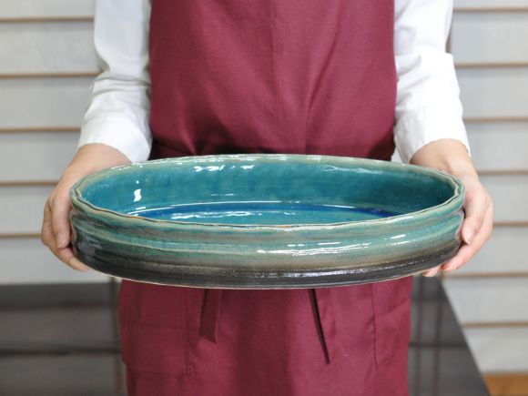 楽天市場】【信楽焼】 ブルーガラス小判水盤13号 幅39cm×奥行き26cm×高