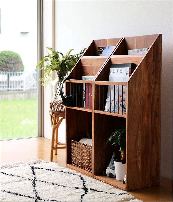 楽天市場】絵本棚 スリム コンパクト 木製 チーク 無垢材 完成品 雑誌