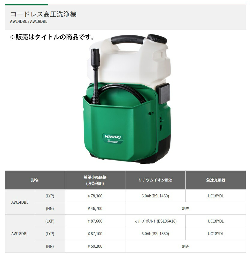 楽天市場】HiKOKI コードレス高圧洗浄機 AW14DBL(NN) 本体のみ 14.4V