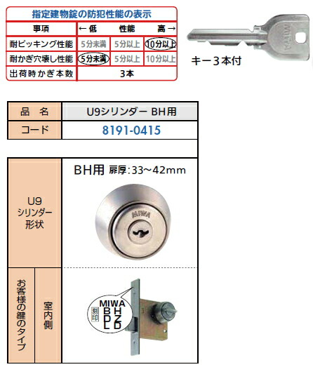 楽天市場】MIWA 美和ロック U9シリンダー BH用 扉厚33〜42mm