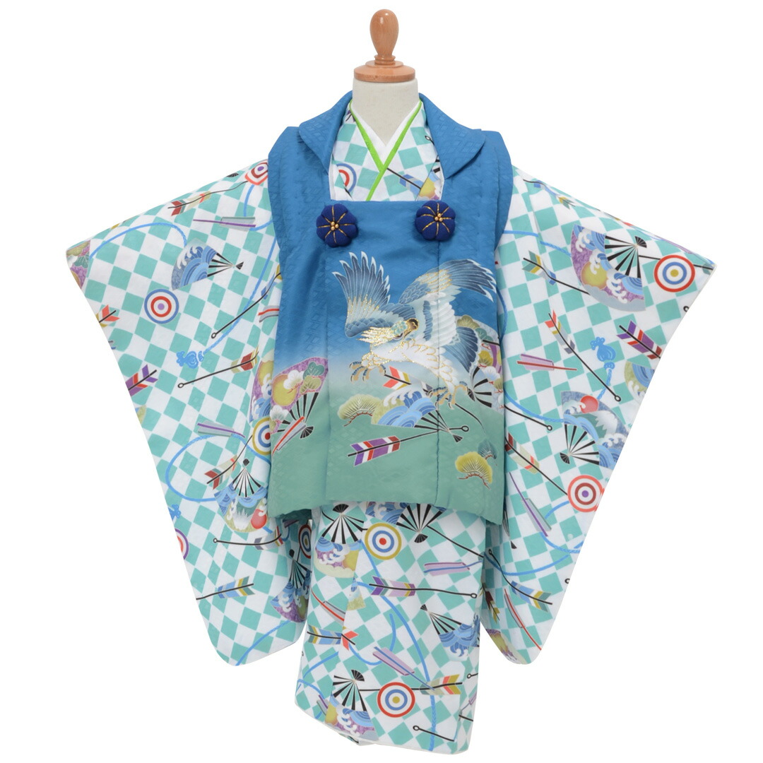 楽天市場】【レンタル】[七五三 着物 3歳]男の子「K044 青 鷹に扇と的