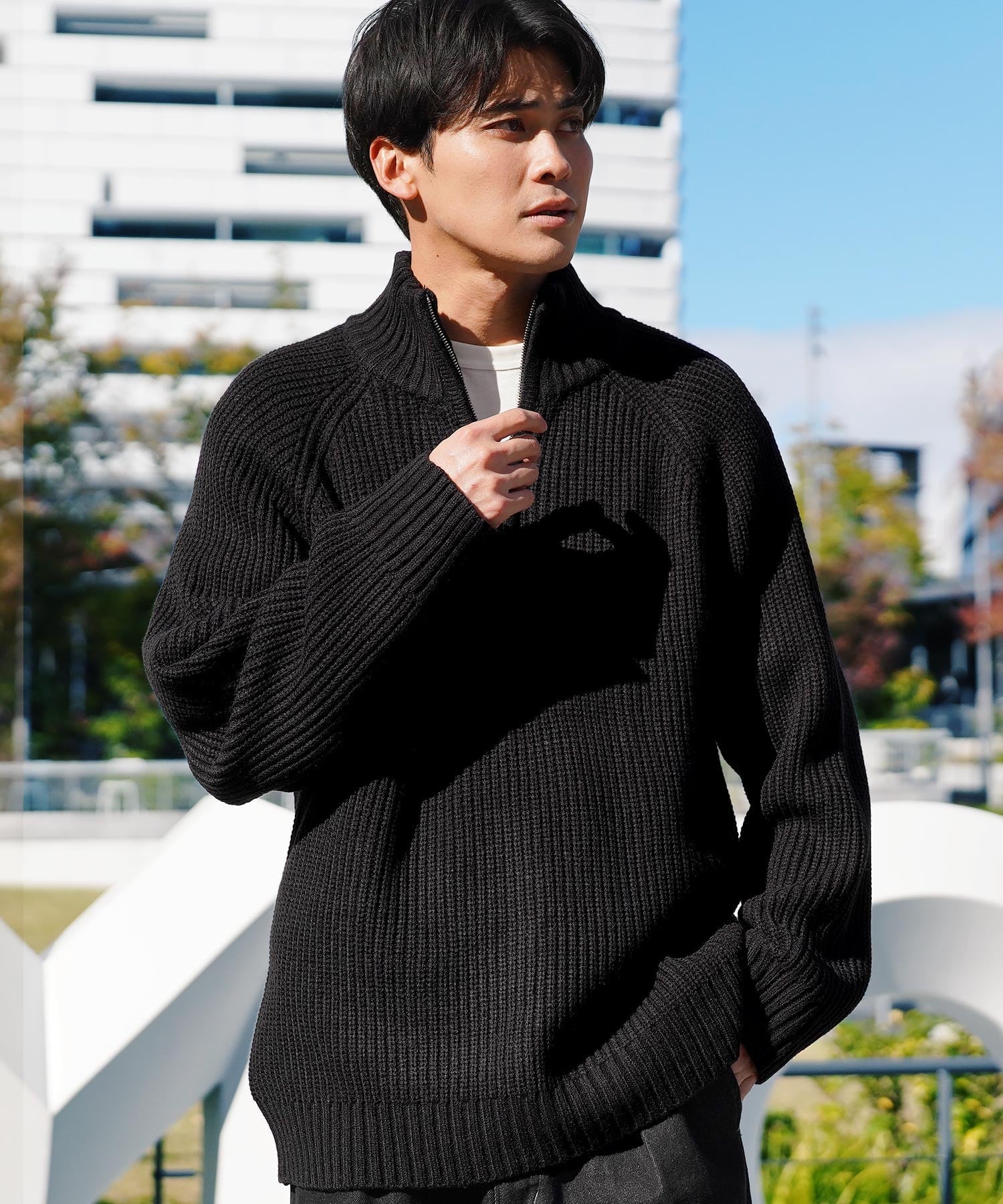 JIGGYS SHOP｜ハーフジップ畦編み洗えるニットセーター ウォッシャブル