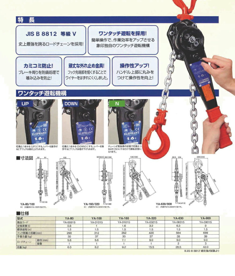 楽天市場】象印チェンブロック YA型 チェーンレバーホイスト YA-100