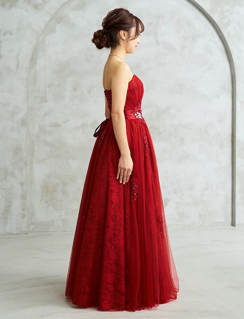 赤 ロングドレス ベアトップ ビジュ刺繍 チュール 肩紐付き 発表会