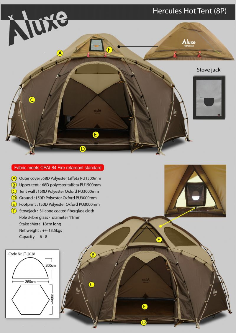 薪ストーブ用煙筒ポート、チムニーホール（煙突穴）付き大型テント