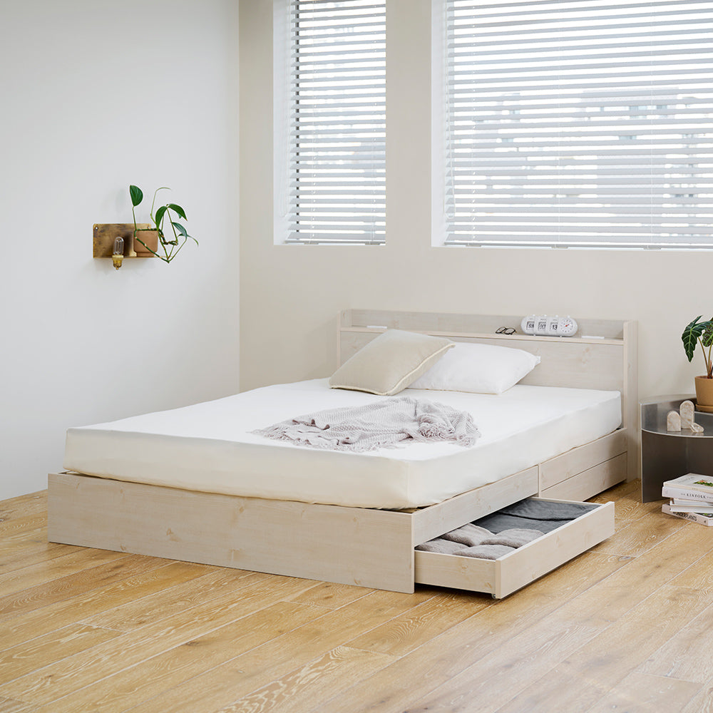 収納付き】ベッドフレーム 宮棚 コンセント付き 引き出し2杯 木目調