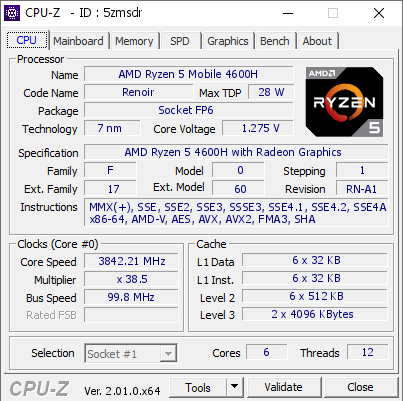 AMD Ryzen 5 Mobile 4600H @ 3842.21 MHz - CPU-Z VALIDATOR