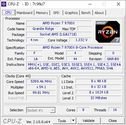 AMD Ryzen 7 9700X @ 5399.46 MHz - CPU-Z VALIDATOR