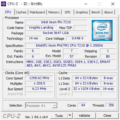 Intel Xeon Phi 7210 @ 1298.62 MHz - CPU-Z VALIDATOR
