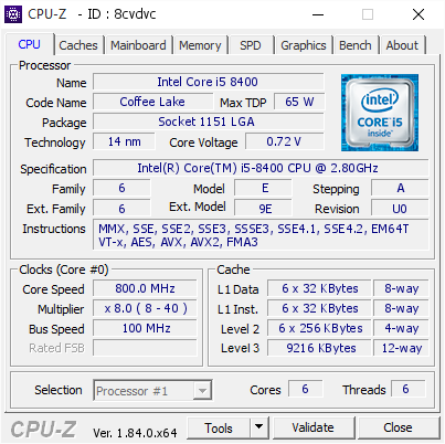 Intel Core i5 8400 @ 800 MHz - CPU-Z VALIDATOR