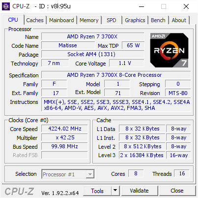AMD Ryzen 7 3700X @ 4224.02 MHz - CPU-Z VALIDATOR