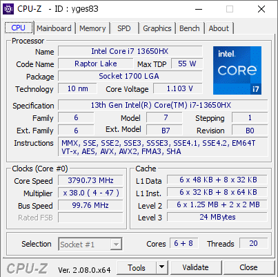 Intel Core i7 13650HX @ 3790.73 MHz - CPU-Z VALIDATOR