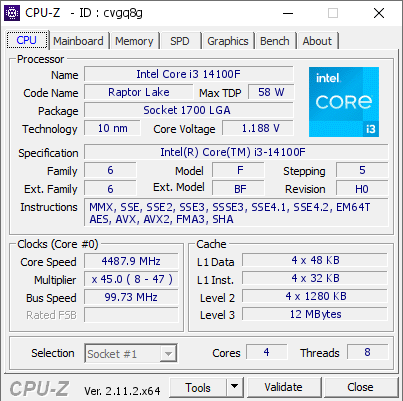 Intel Core i3 14100F @ 4487.9 MHz - CPU-Z VALIDATOR