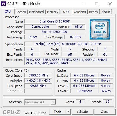 Intel Core i5 10400F @ 3993.16 MHz - CPU-Z VALIDATOR