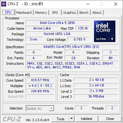 Intel Core Ultra 9 285K @ 419.57 MHz - CPU-Z VALIDATOR