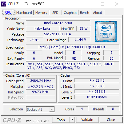 Intel Core i7 7700 @ 3989.24 MHz - CPU-Z VALIDATOR