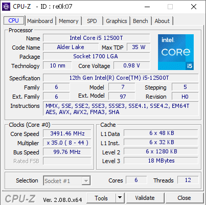 Intel Core i5 12500T @ 3491.46 MHz - CPU-Z VALIDATOR