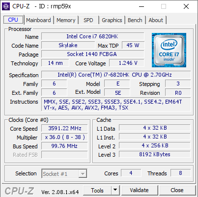 Intel Core i7 6820HK @ 3591.22 MHz - CPU-Z VALIDATOR