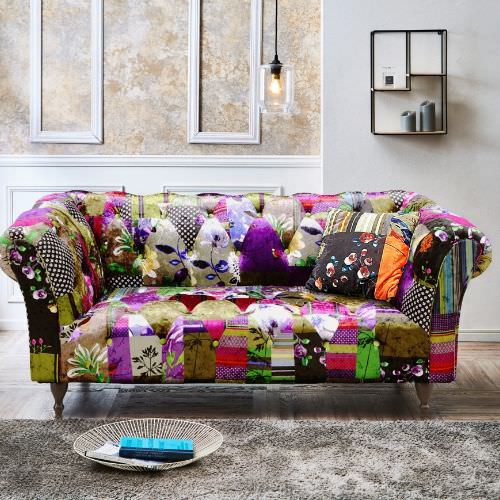 個性的なパッチワーク柄を主役に パッチワークソファ 2.5人掛け 赤