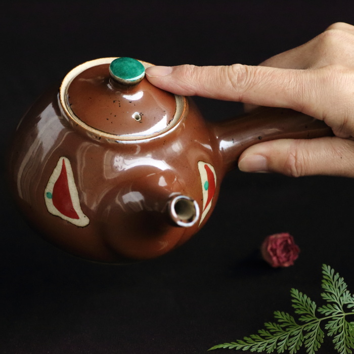 濱田友緒 柿釉赤絵急須大 満容量450ml 登窯焼成 作家もの益子焼茶器