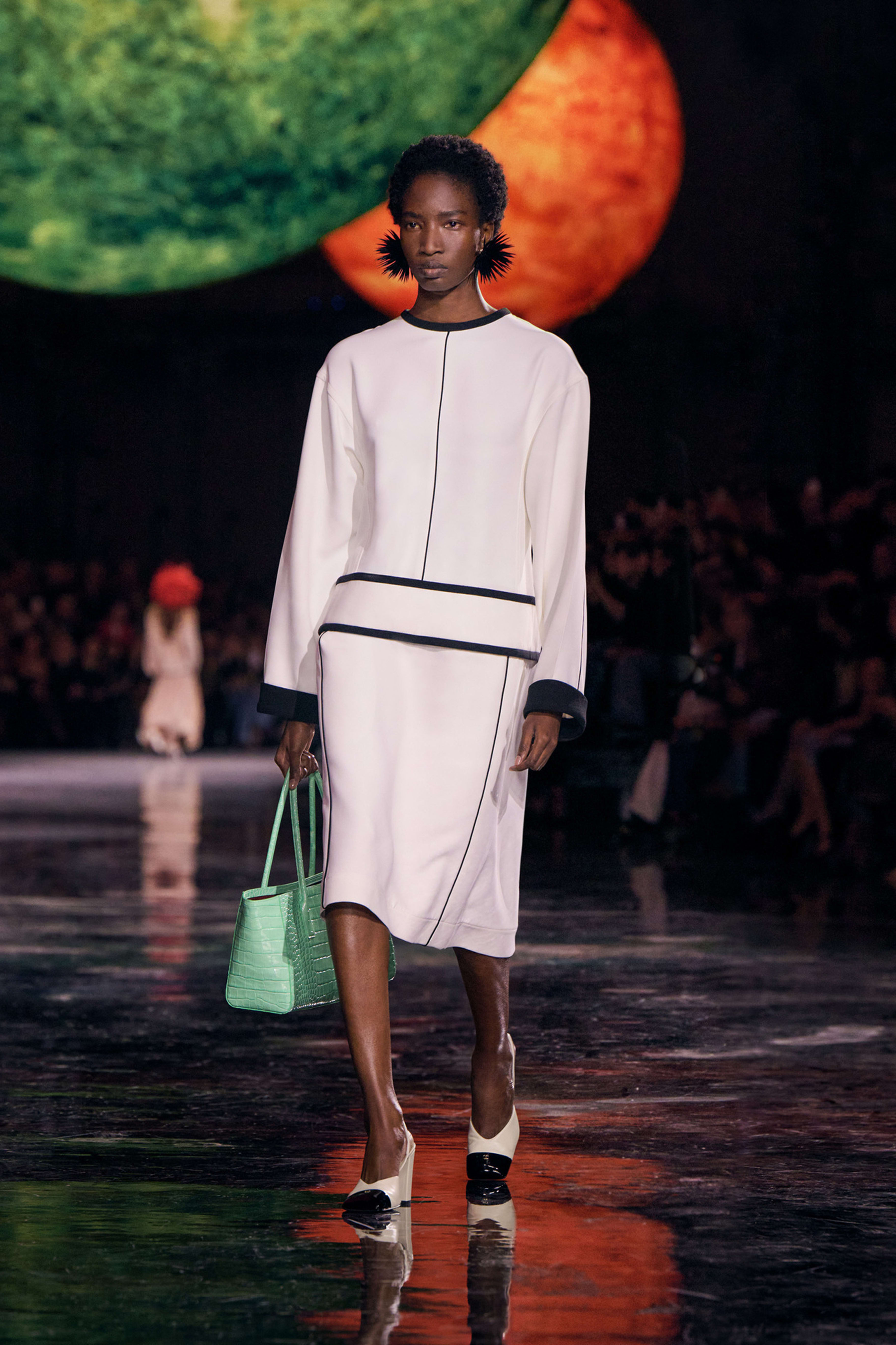 ミディ ドレス - ミックス ファイバー & シルク、ホワイト & ブラック