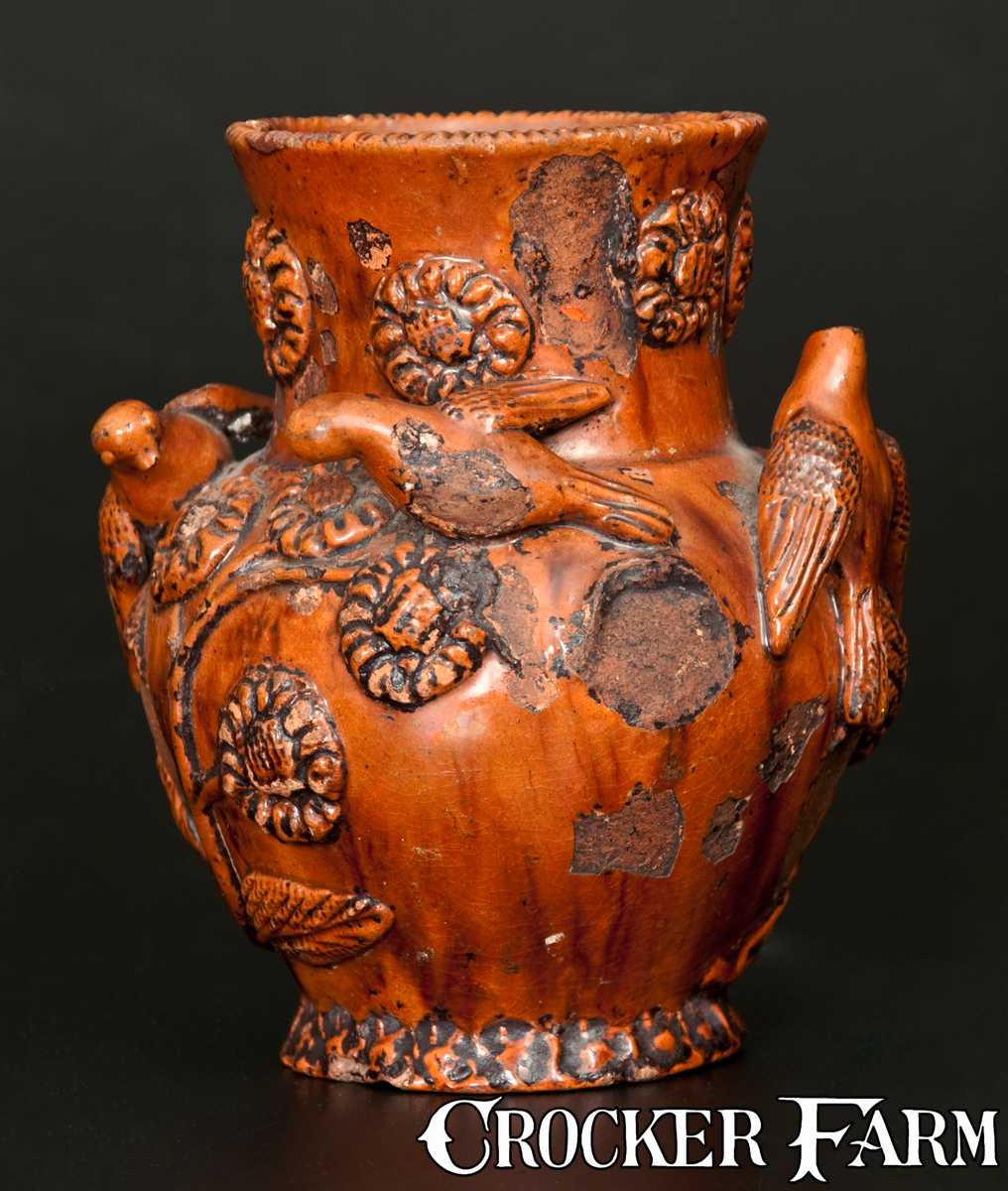 Rare Anthony W. Bacher / 1850 Redware Vase w/ Applied Birds and