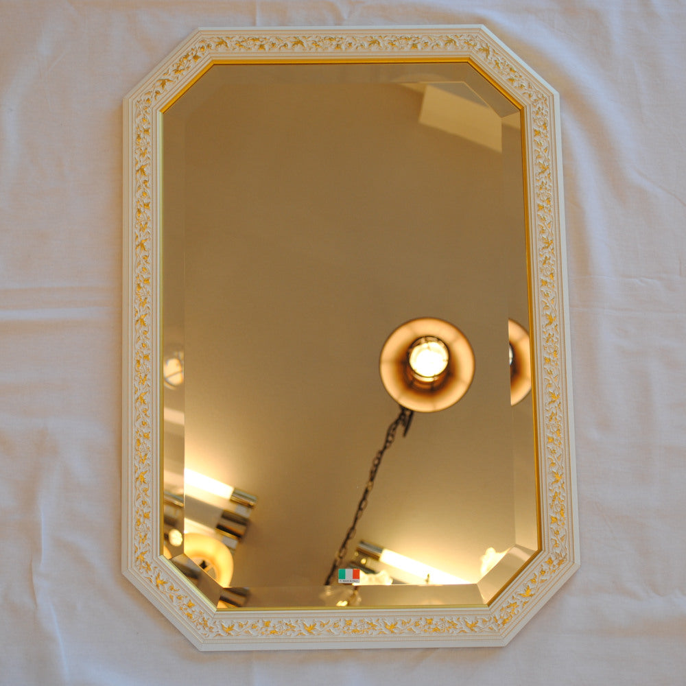 ウォールミラー おしゃれ 鏡 壁掛け 八角形 木製 白 ホワイト ゴールド