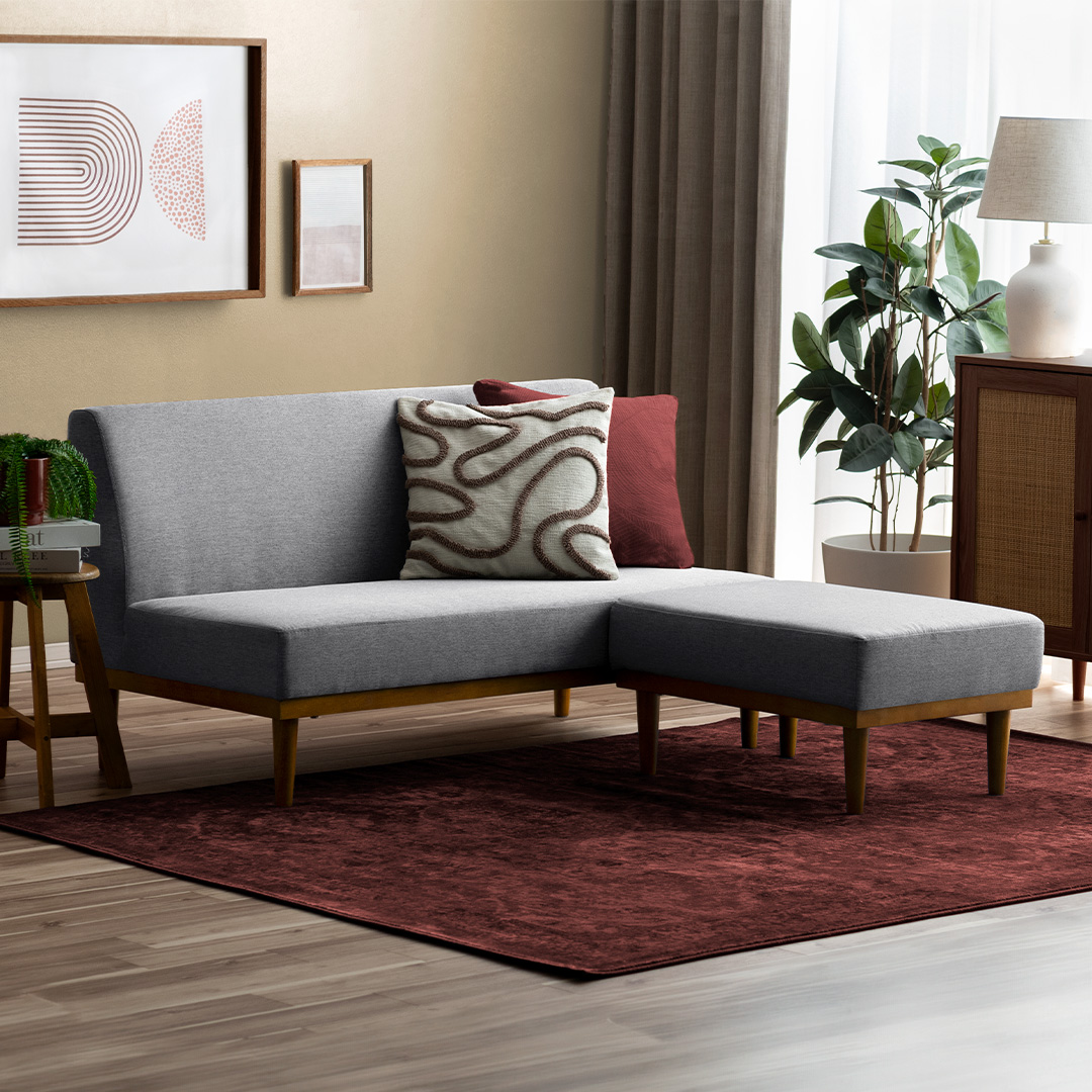 コンパクトカウチソファ オットマン付き ウッドフレーム アームレス