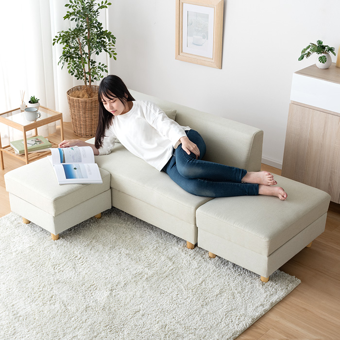 収納付きカウチソファ 2人掛け レイアウト自由 オットマン付き Franca