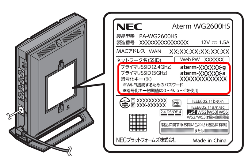 WG2600HSのネットワーク名（SSID）と暗号化キーの記載箇所と記載内容