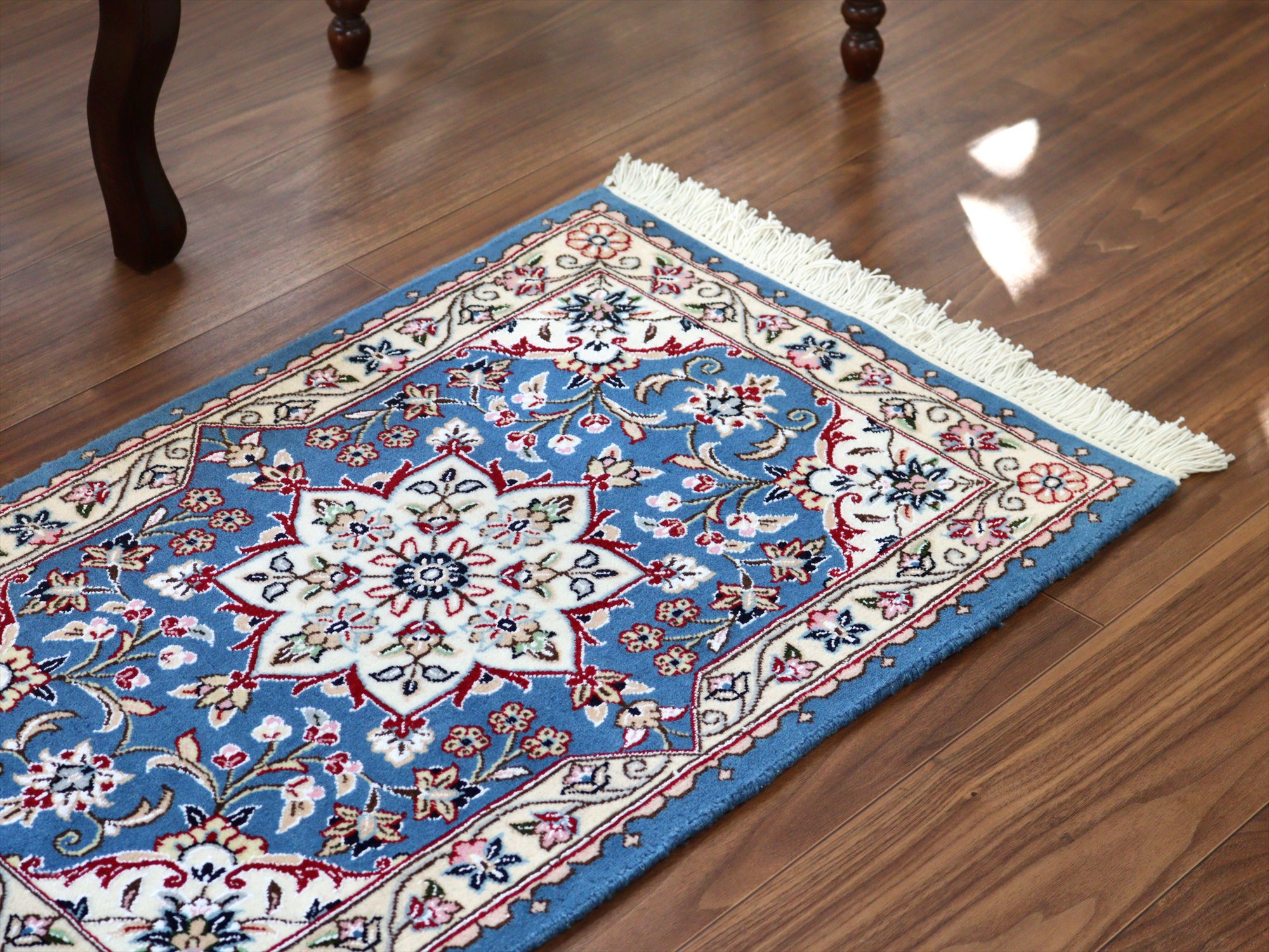 ペルシャ絨毯 ナイン産 9L 81×51cm ブルーのメダリオン 玄関マット