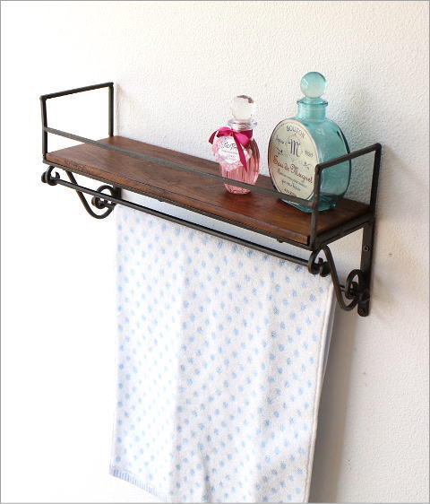 ウォールシェルフ タオルハンガー タオル掛け 木製 アイアン 壁掛け棚