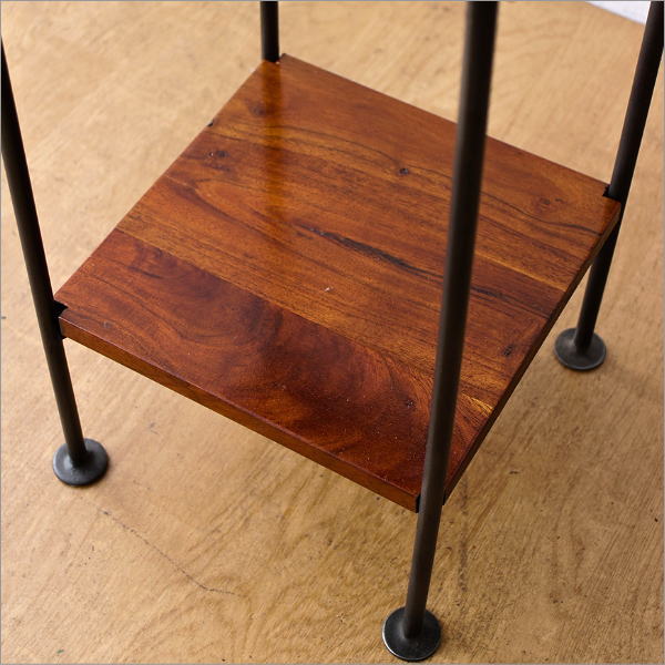 サイドテーブル 花台 木製 アイアン 棚付き 天然木 無垢材 アカシア