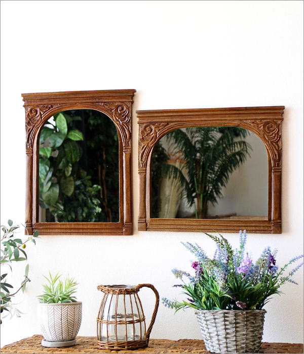 鏡 壁掛け 卓上 ミラー おしゃれ 木製 天然木 マンゴーウッド 木彫り