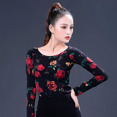 シックな花柄で華やかさをプラス 長袖黒トップス【社交ダンス衣装