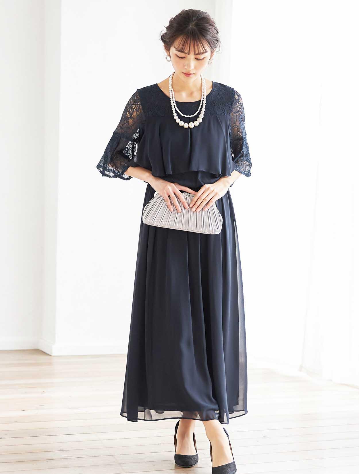 M/L】袖レース七分袖ロングドレス（ネイビー）DPSET0355のレンタル