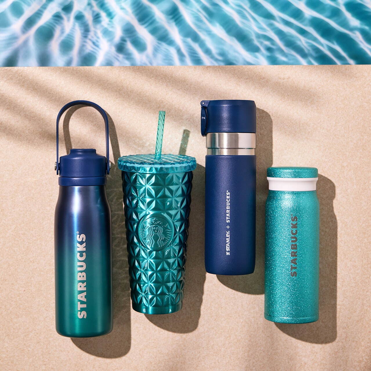 スターバックス“深海”グラデーションのボトルやグラス、ターコイズ