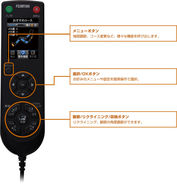 リモコン・基本機能｜マッサージチェアのパイオニア フジ医療器（1954