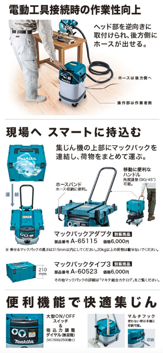 マキタ 集じん機 VC0820（乾湿両用 8L）連動コンセント・内径38mmx2.5m