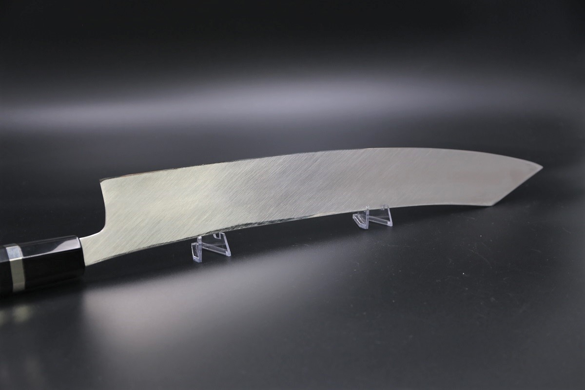 特注 切付柳刃 V金10号 390mm 全鋼本焼 平鏡面 巾広52mm 鬼反り 黒檀柄