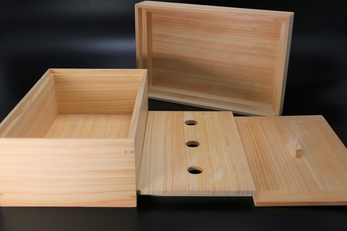 海苔箱 桧材 かぶせ蓋 内蓋付-歌舞伎ナイフ